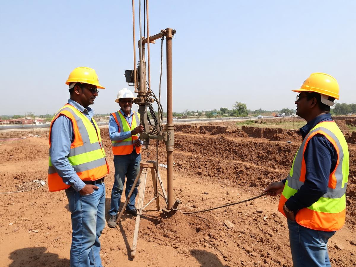 Engineers carrying out on-site soil investigation with a field testing rig at a construction site